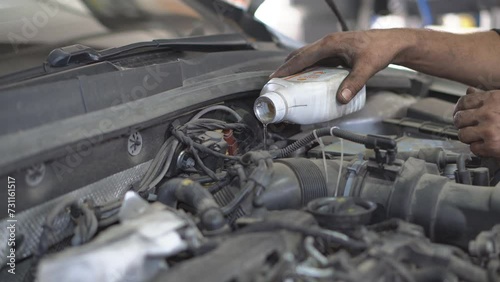 Wallpaper Mural Pour motor oil into the car engine. Mechanic man pouring engine oil to car engine Torontodigital.ca