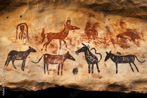 An incredible ancient rock painting capturing a vibrant scene of animals and people, Prehistoric cave painting with modern twist, AI Generated photo