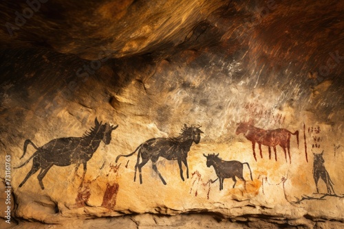 An awe-inspiring depiction of various prehistoric animals painted on a cave wall, showcasing a vibrant ecosystem from the past, Prehistoric cave painting with modern twist, AI Generated © Iftikhar alam