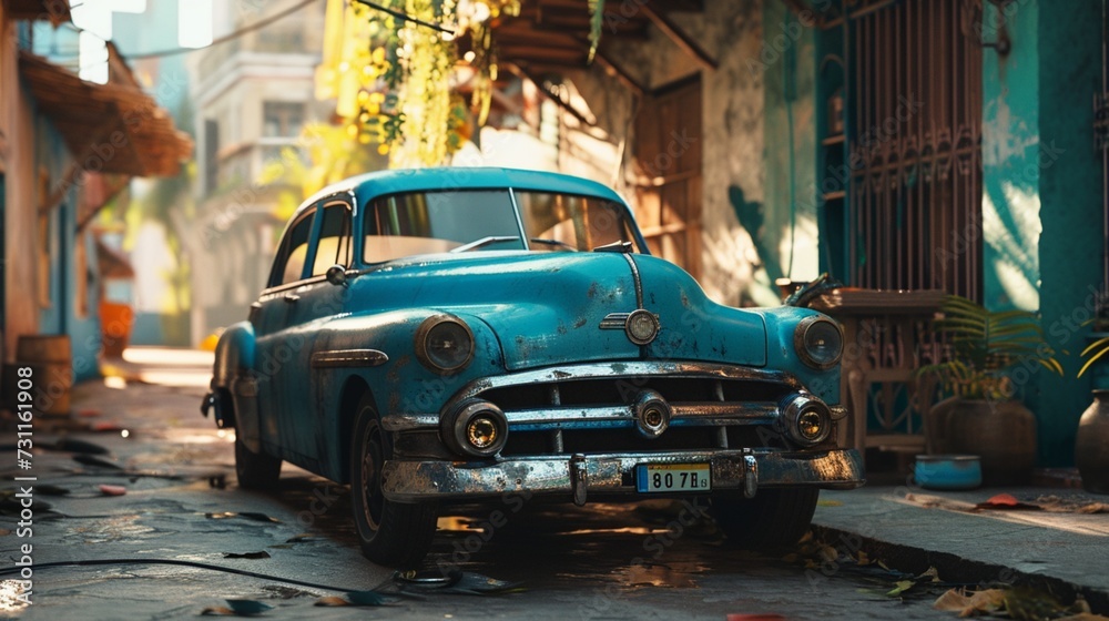 A blue heavy car parked in a bustling urban environment, its robust presence amid city life.