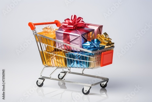 A shopping cart filled to the brim with a myriad of brilliant gifts for a joyous celebration, Presents enveloped in bright wrapping paper within a shopping cart, AI Generated
