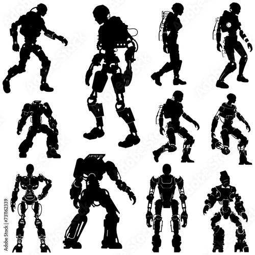 Silhouette various kinds of robot movements black color only full body
