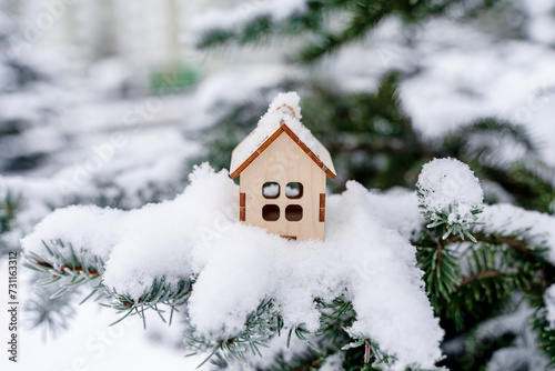 A toy wooden house on a branch of a fir tree in the snow in winter in the park. Concept of winter, Christmas, new year, buying real estate in winter