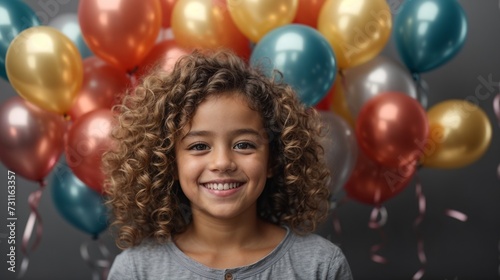 Curly-haired little happy cute girl surrounded by shiny air balloons on grey studio background. Concept of childhood, emotions, fun, fashion, lifestyle, facial expression, birthday party. AI banner