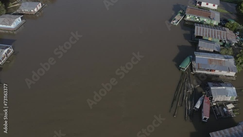 Aerial view of the floating community of Catalão, Rio Negro, Manaus. The communities of the Brazilian Amazon have developed their own architecture for floating constructions. Amazonas, Brazil