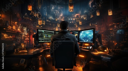 A stock trader in a hectic stock exchange with multiple screens
