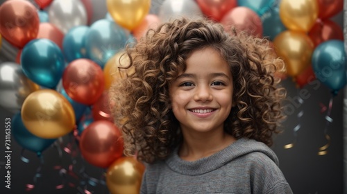 Curly-haired little happy cute girl surrounded by shiny air balloons on grey studio background. Concept of childhood, emotions, fun, fashion, lifestyle, facial expression, birthday party. AI banner