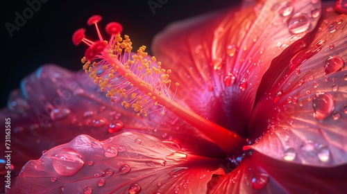 Illuminate the dark with the radiance of torchlit ruby red hibiscus petals, each intricate detail captured in extreme macro. photo