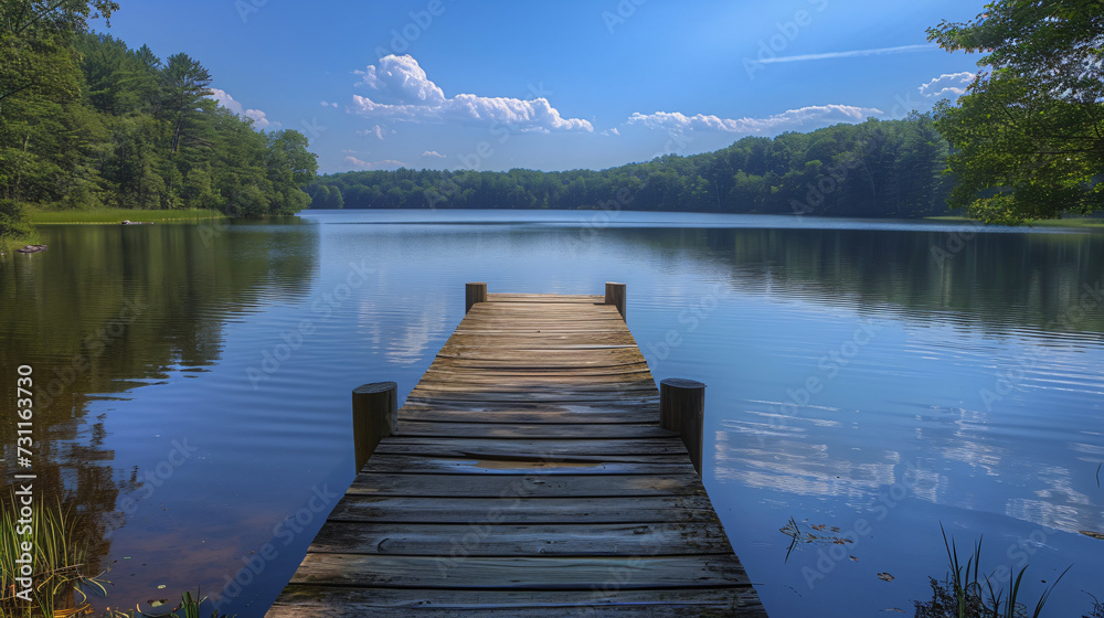 Summer day at the lake. Wooden dock overlooking. - obrazy, fototapety, plakaty 