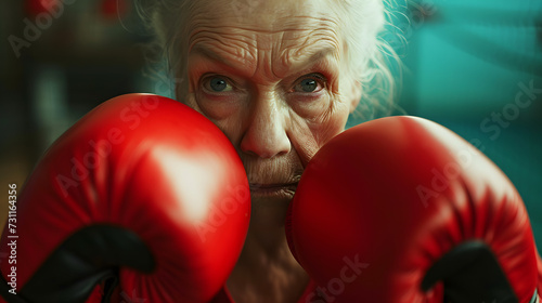 Empowered elderly woman in red boxing gloves, poised and ready in the ring, symbolizing strength and determination