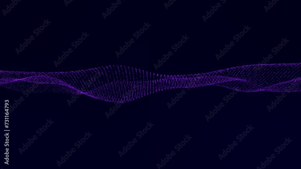 Flowing purpl dots particles wave pattern halftone gradient curve shape isolated on blue background.