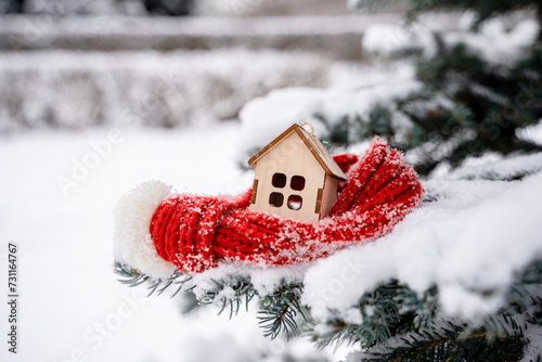 A house in a red scarf on a branch of a fir tree in the snow in winter in the park. Concept of winter, Christmas, new year, warm, cozy, loving, protecting
