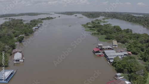 A riverside community with floating architecture on the Rio Negro, near the city of Manaus, with a beautiful aerial view on a sunny, warm day in the Brazilian Amazon.