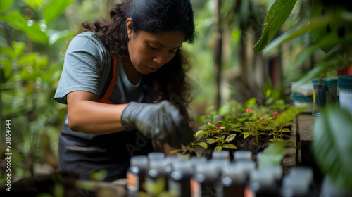 Ethnobotanical research in the Amazon, a scientist collecting plant samples for medicinal studies photo