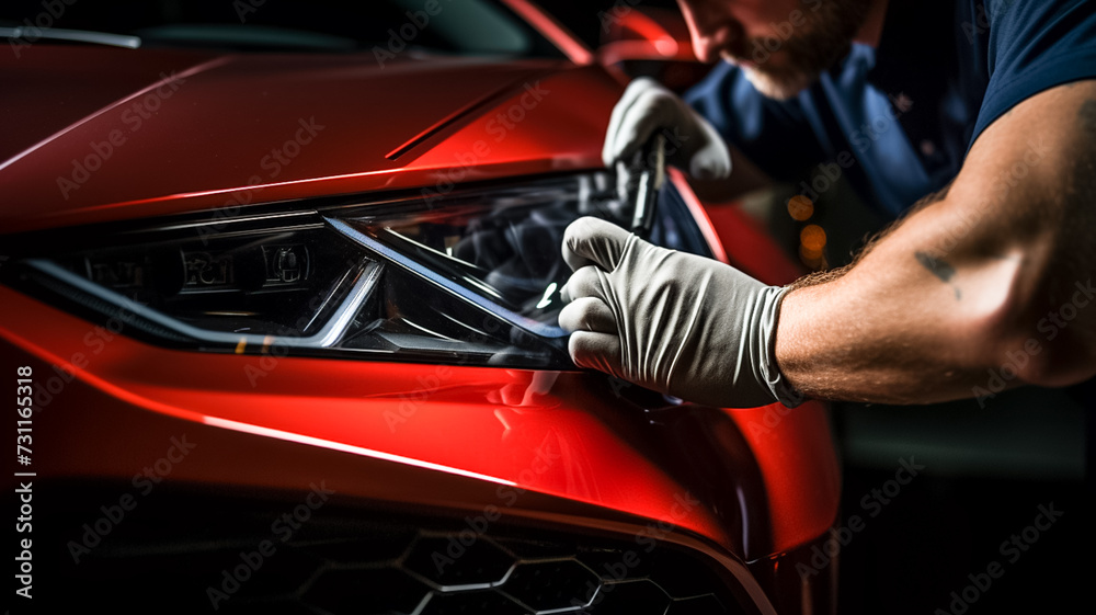 Car service worker applying nano coating on a car detail. Close up of a auto body mechanic buffing a scratch on sports car.
