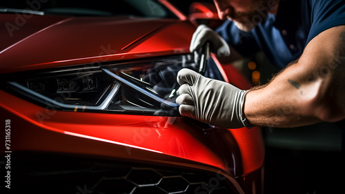 Car service worker applying nano coating on a car detail. Close up of a auto body mechanic buffing a scratch on sports car.
