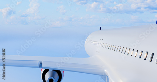 Realistic aircraft. Passenger plane in different views. 3D render of an airplane on a sky background.