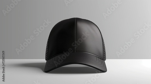 In a stylish mockup presentation, a black baseball cap takes the spotlight in a front view 