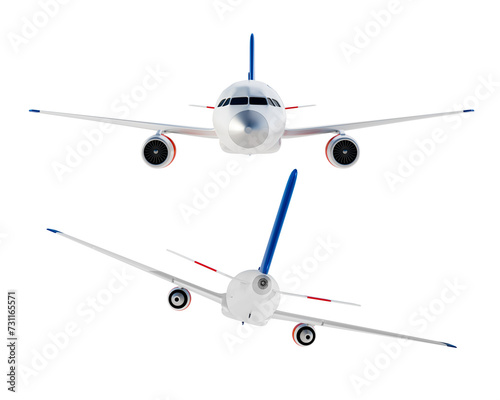 Realistic aircraft. Passenger plane in different views. 3D render of an airplane isolated on white background.