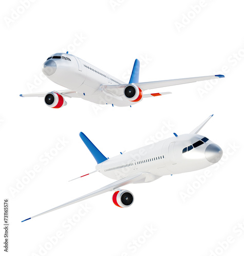 Realistic aircraft. Passenger plane in different views. 3D render of an airplane isolated on white background.