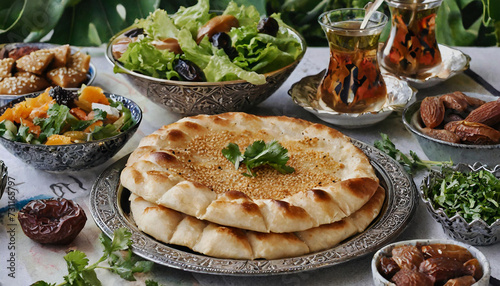 The dining table prepared during Ramadan and Ramadan pita bread on the table. Ramadan concept photo