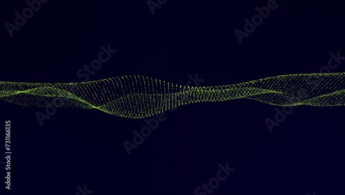 Flowing yellow dots particles wave pattern halftone gradient curve shape isolated on blue background.