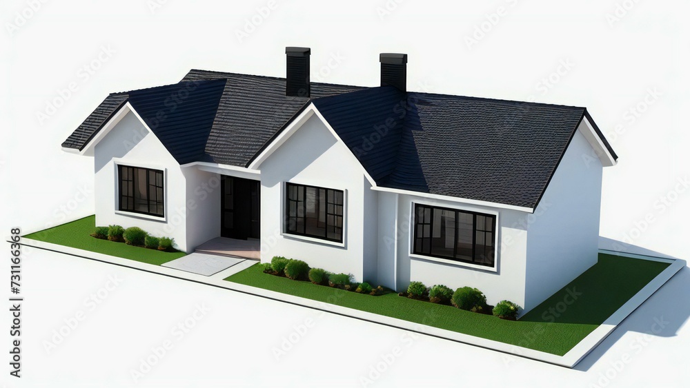 3d house model rendering on white background, Clean and precise 3D illustration modern cozy house. Concept for real estate or property.