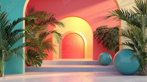 Generative AI  Memphis postmodern style interior with many plants  vibrant surreal colors room 