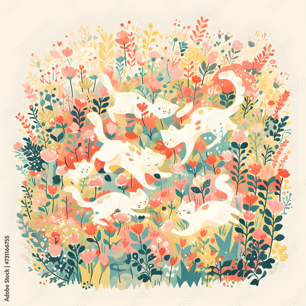 Playful kittens frolicking in a vibrant floral garden, soft pastel colors, cute and uplifting