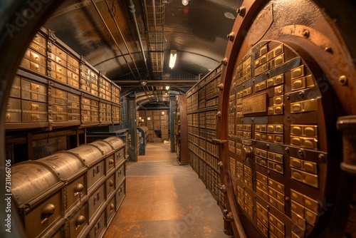 An interior of a bank vault with rows of safety deposit boxes