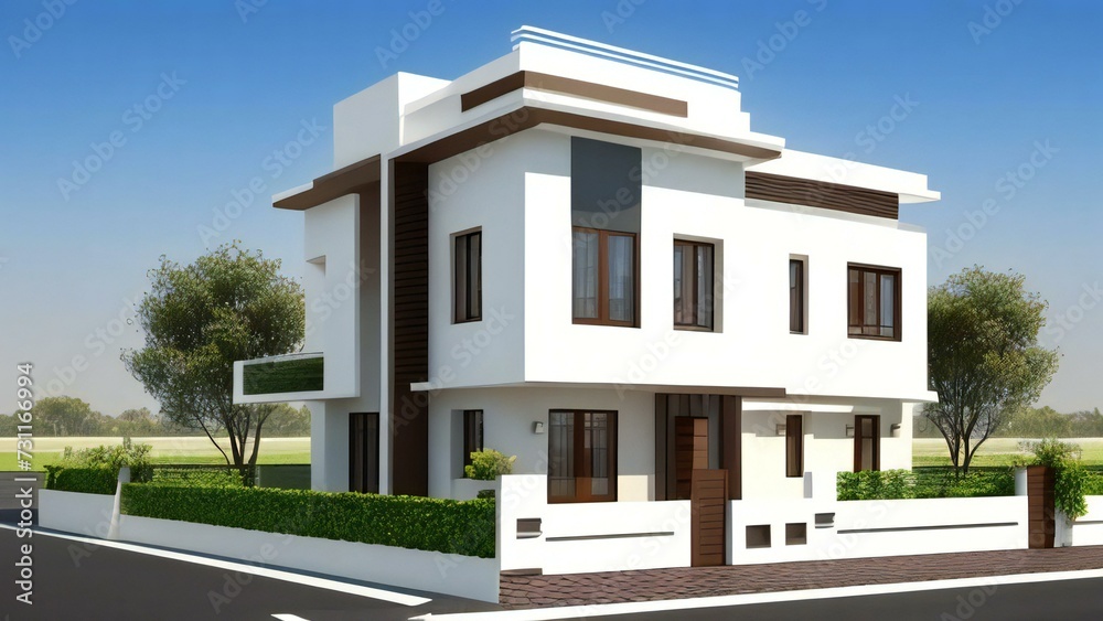 3d house model rendering on white background, Clean and precise 3D illustration modern cozy house. Concept for real estate or property.