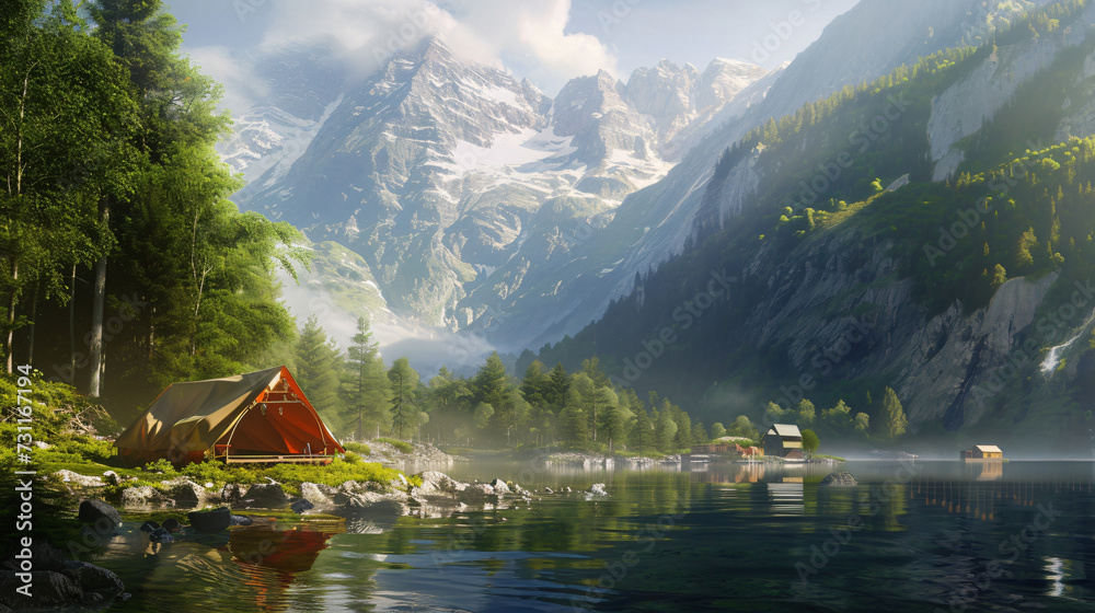 Summer camp on an alpine lake.