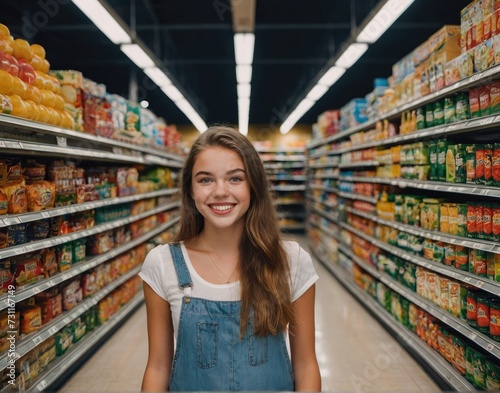Happy young women in the grocery store