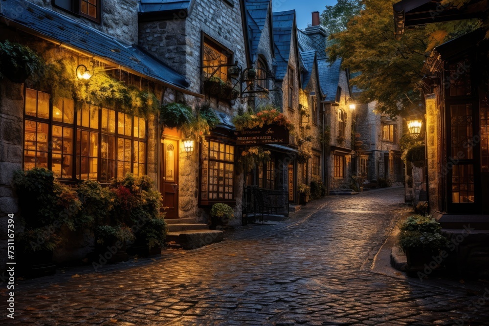 A captivating night scene of a cobblestone street washed in the warm glow of streetlights, Quaint cobblestone street in a historic town, AI Generated