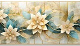Abstrakcyjna, trójwymiarowa tapeta w odcieniach beżu i niebieskiego z kwiatami, liśćmi i figurami geometrycznymi w tle