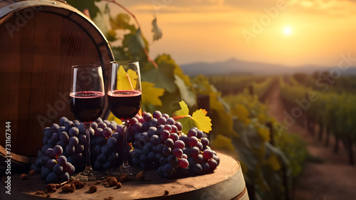 glass of red wine against the backdrop of vineyards © Olga