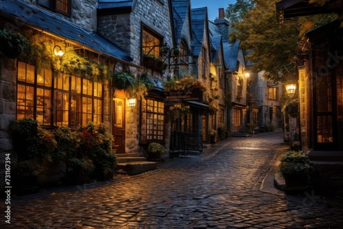 A captivating night scene of a cobblestone street washed in the warm glow of streetlights, Quaint cobblestone street in a historic town, AI Generated