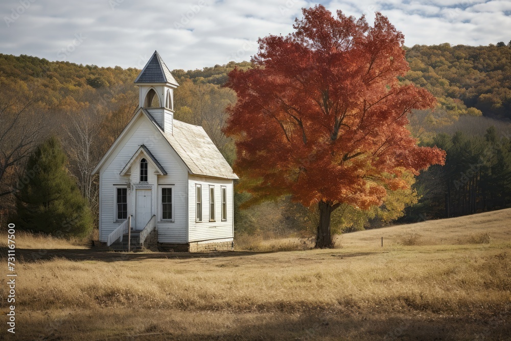 A quaint, small white church stands in serene beauty as a tree gracefully frames the scene, Quaint one-room schoolhouse in a peaceful rural setting, AI Generated A quaint, small white church stands in serene beauty as a tree gracefully frames the scene, Quaint one-room schoolhouse in a peaceful rural setting, AI Generated