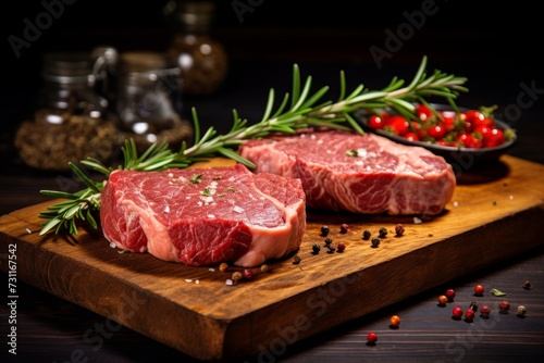 fresh raw steak on a wooden board with rosemary and spices ready for grilling