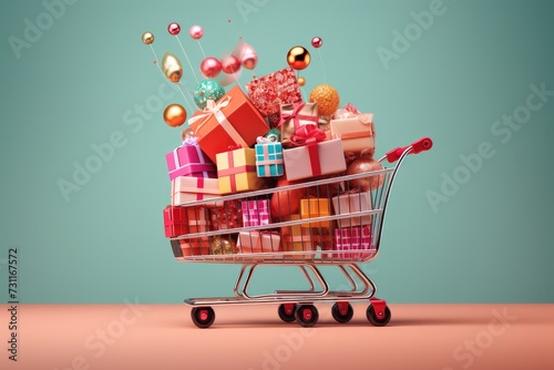 A shopping cart brimming with an assortment of presents, perfect for any celebration or event, Profile view of a shopping cart loaded with fabulous gift boxes, AI Generated photo
