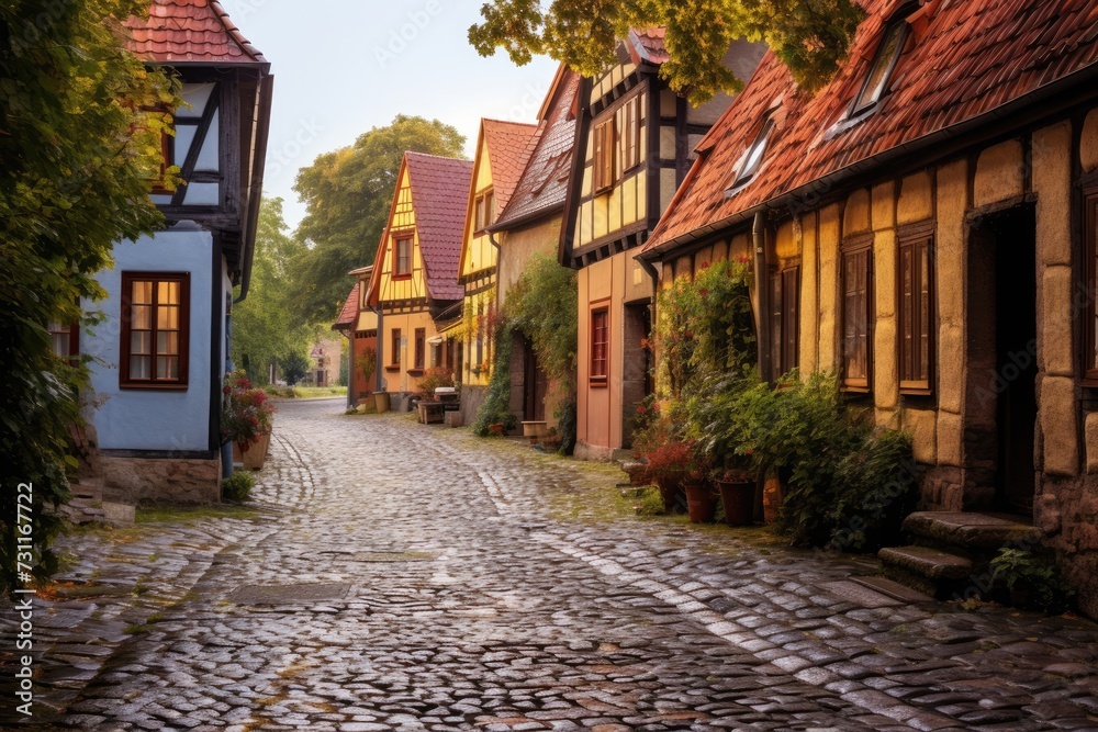 A picturesque cobblestone street lined with historic buildings in an enchanting European village, Quaint cobblestone street in a historic town, AI Generated