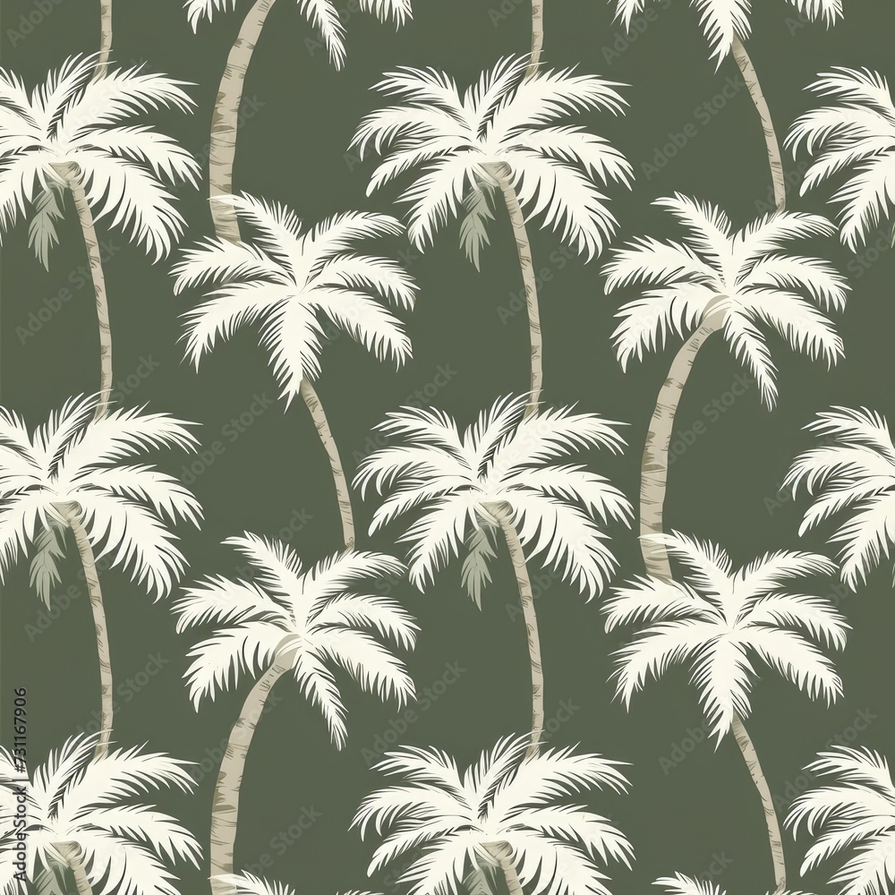Hyper-realistic white palm tree pattern on a green background. Detailed and vibrant foliage, creating a contemporary and minimalist design