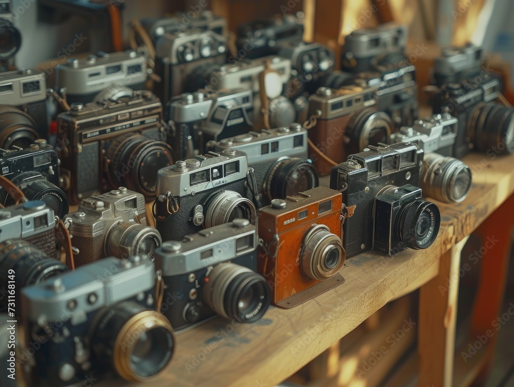 Vintage wooden table with a collection of hyper-realistic vintage cameras. Intricate details, worn leather straps, and metal dials evoke nostalgia