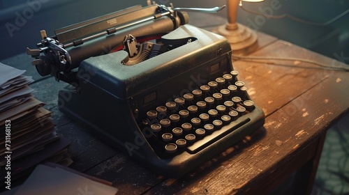Vintage typewriter on a cluttered wooden desk with stacks of paper. Soft, warm lighting from a desk lamp casts gentle shadows, creating depth and nostalgia