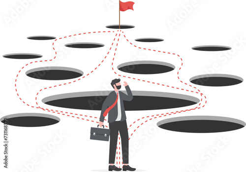 Workaround or solution to bypass problem or difficulty. Businessman and the route to success.

