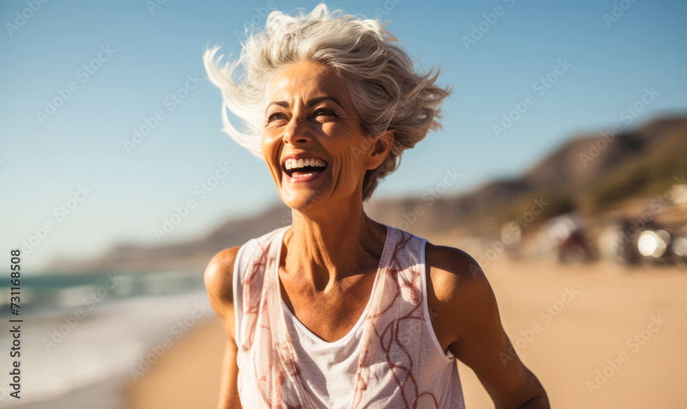 Joyful senior woman with white hair running on the beach, embodying active aging and wellness with a bright smile, in a coastal morning fitness routine Joyful senior woman with white hair running on the beach, embodying active aging and wellness with a bright smile, in a coastal morning fitness routine