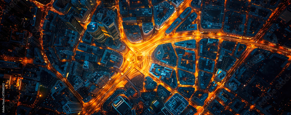 Aerial view of a city at night showcasing the intricate network of ...