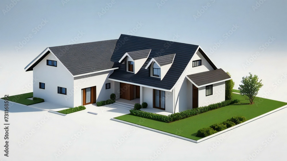 3d house model rendering on white background, Clean and precise 3D illustration modern cozy house. Concept for real estate or property.