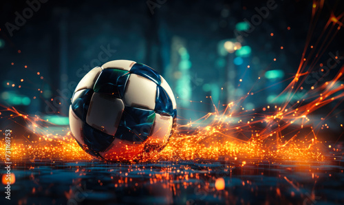 Dynamic soccer ball on field with digital analysis graphics, depicting sports data analytics and the technological intersection of physical sports and data
