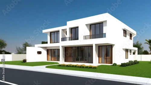 3d house model rendering on white background, Clean and precise 3D illustration modern cozy house. Concept for real estate or property. © samsul